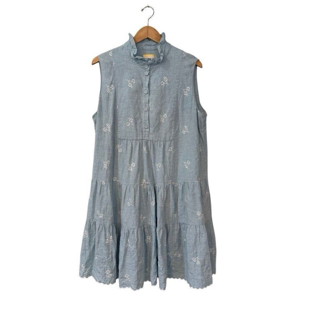 Erdem Porto Tiered Embroidered Linen Mini Dress Size 18 Blue